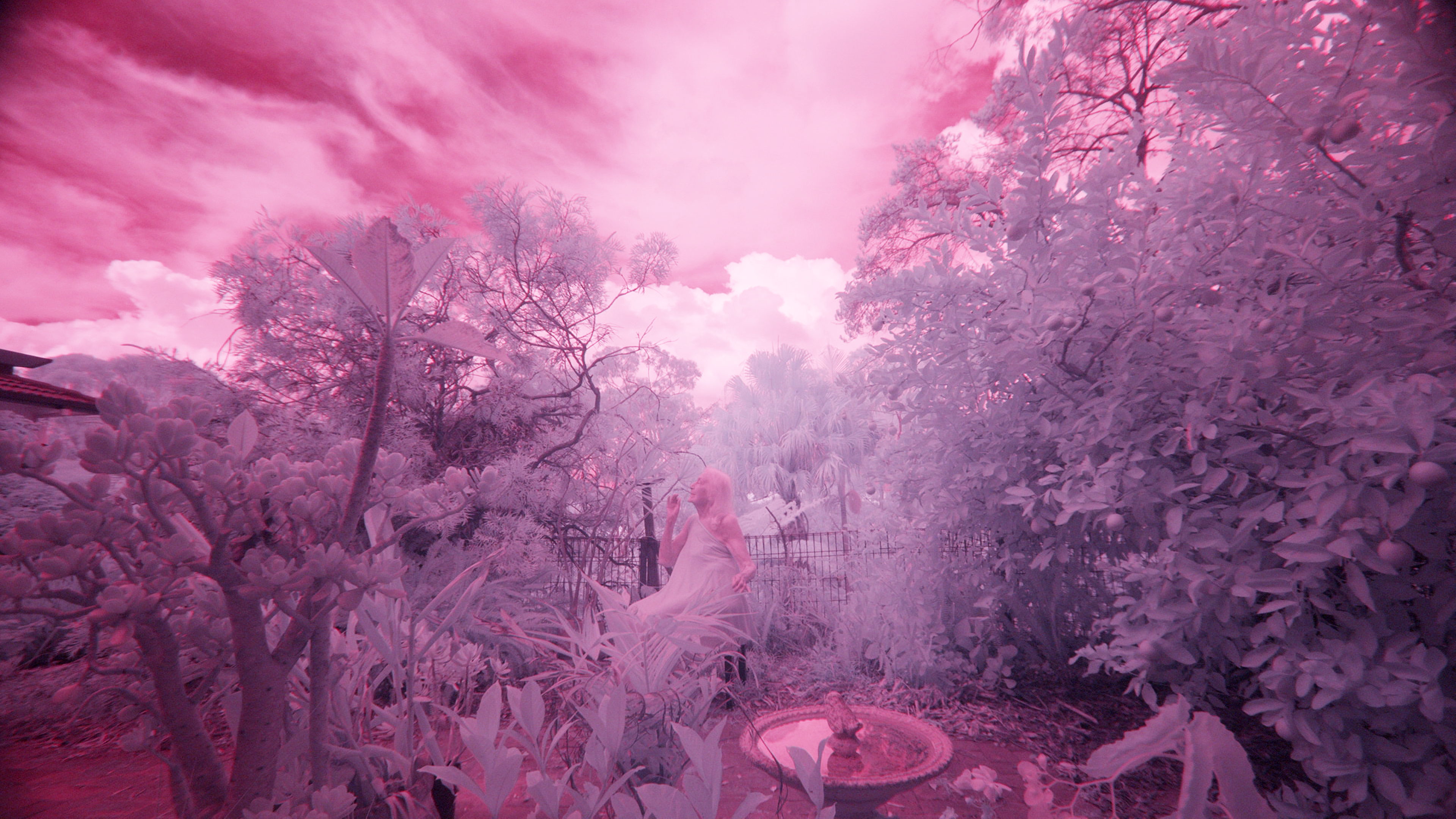 Infrared photo of Eileen Kramer in a magical garden
